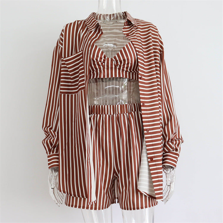 Summer Stripe Three-Piece Casual Set with Shirt and Shorts