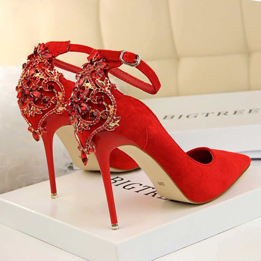 New Red Rhinestone High Heel Bridal Shoes for Spring