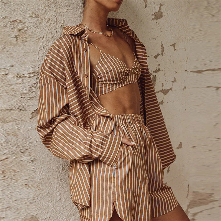 Summer Stripe Three-Piece Casual Set with Shirt and Shorts