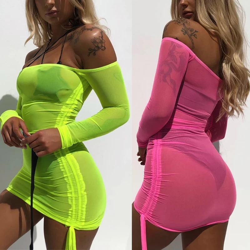 Off-the-Shoulder Mesh Sexy Hip Skirt