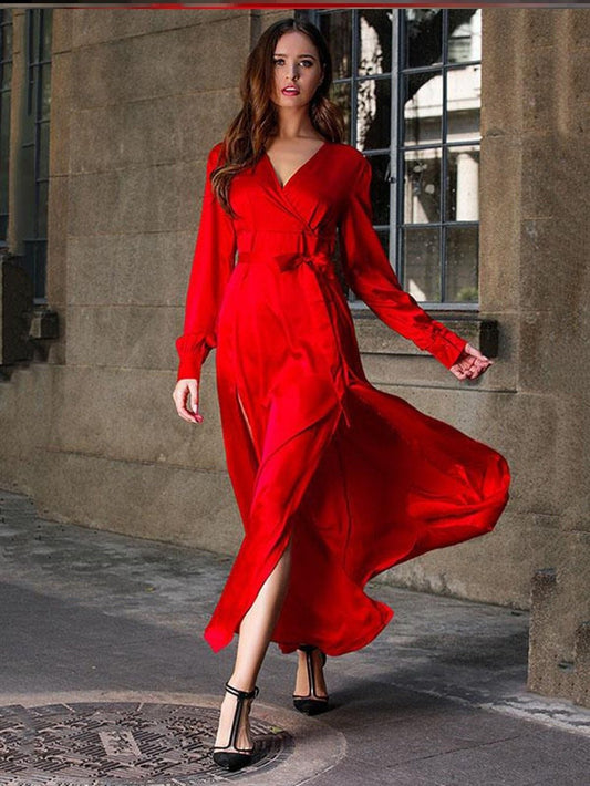 Elegant Long Sleeve V-Neck Split Dress