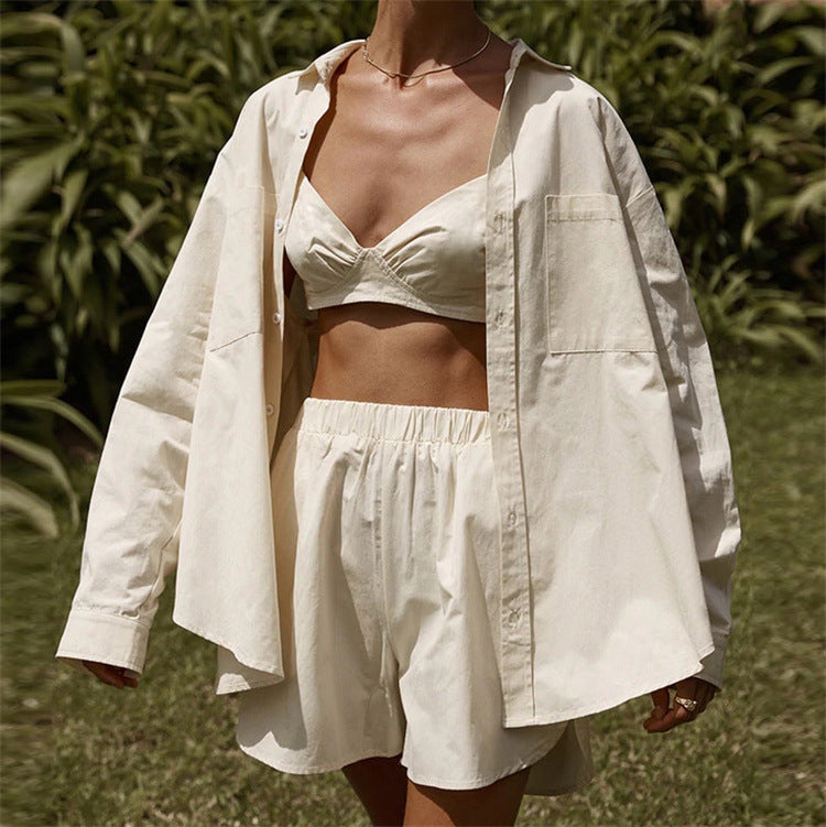 Summer Stripe Three-Piece Casual Set with Shirt and Shorts