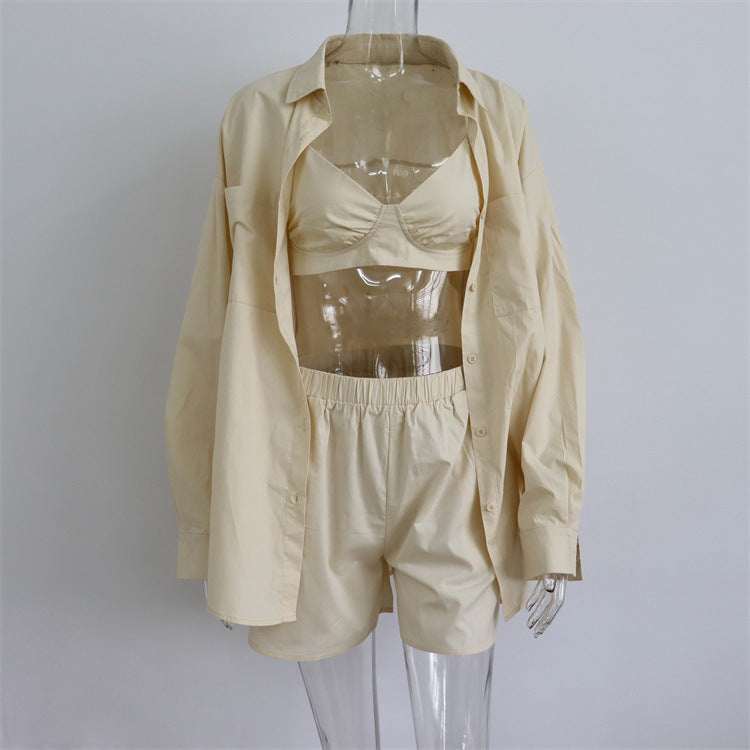 Summer Stripe Three-Piece Casual Set with Shirt and Shorts